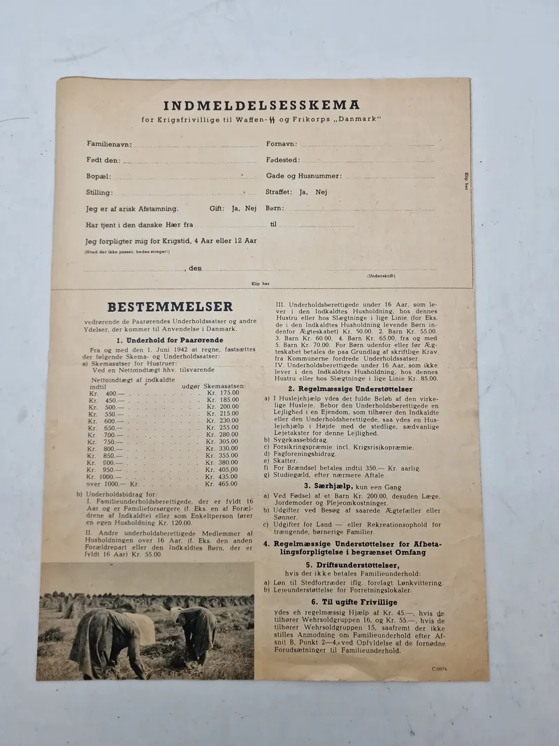 Originalt indmeldelsesskema for Waffen-SS og Frikorps Danmark