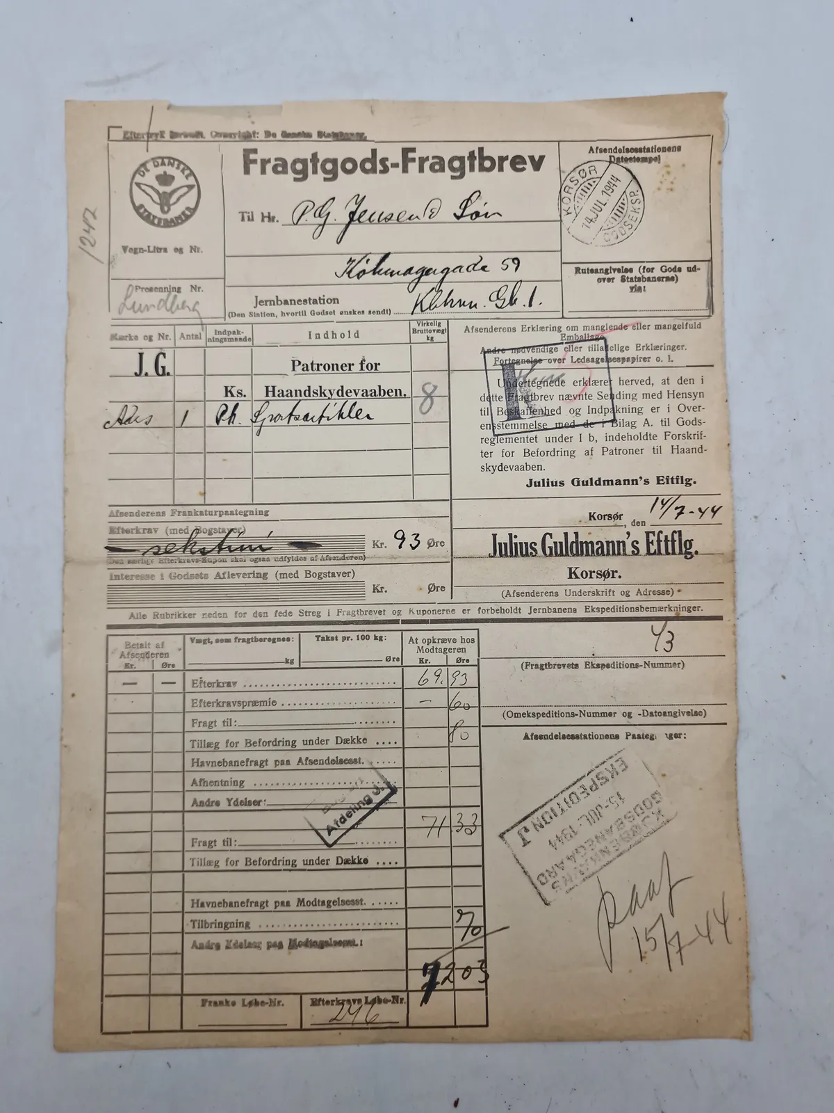 Originalt fragtgodsbrev til patroner for håndskydevåben