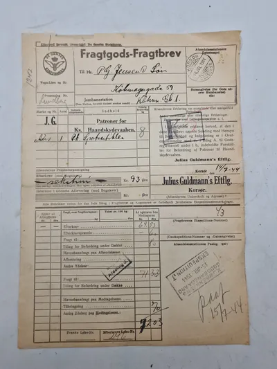 Originalt fragtgodsbrev til patroner for håndskydevåben