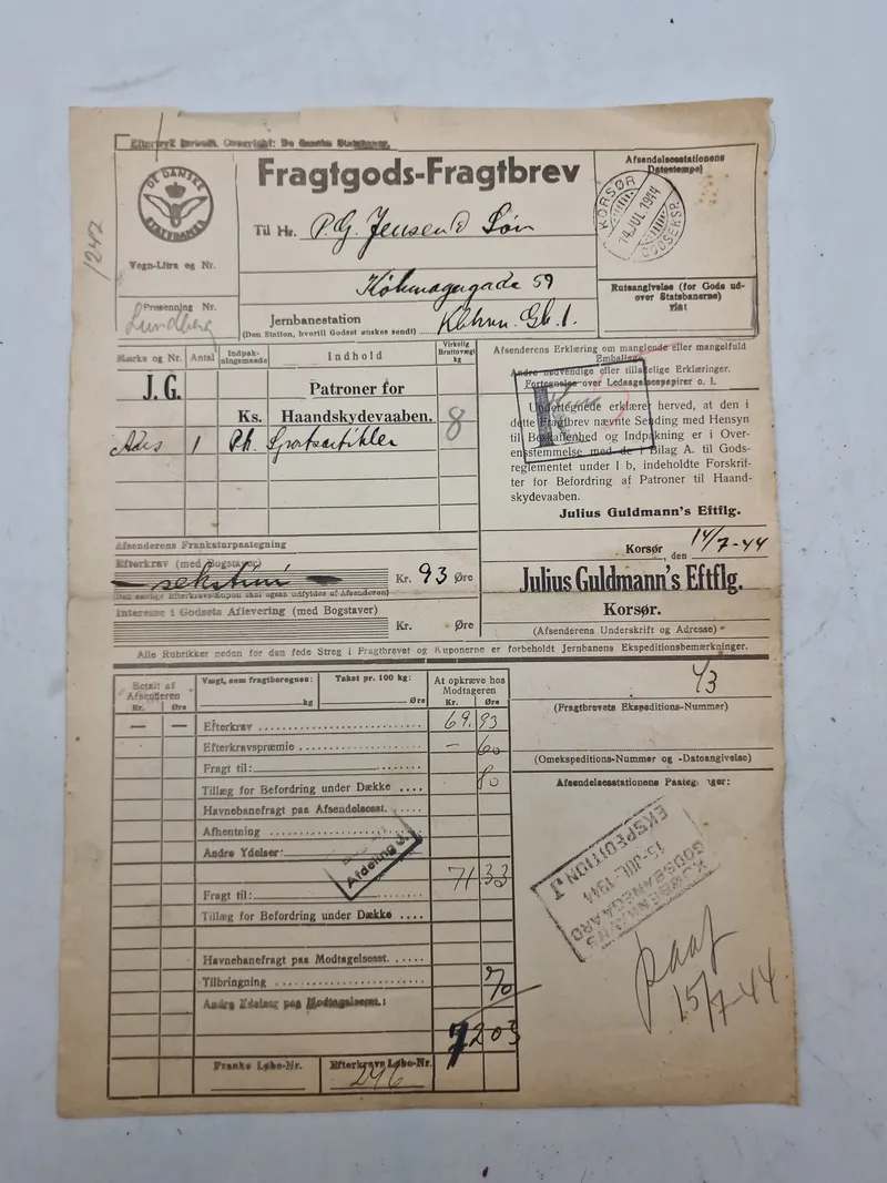 Originalt fragtgodsbrev til patroner for håndskydevåben