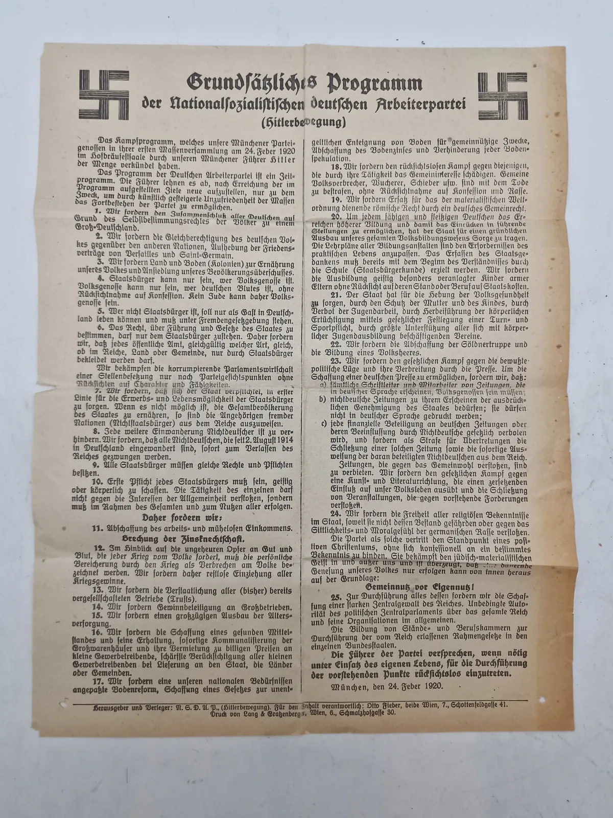 Originalt program fra Deutsches Arbeiterparti -fra 1920 ekstremt tidligt