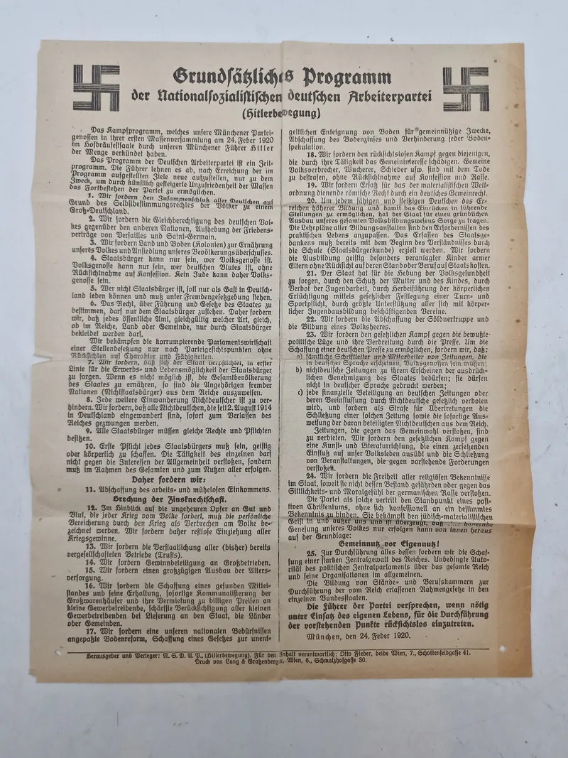 Originalt program fra Deutsches Arbeiterparti -fra 1920 ekstremt tidligt