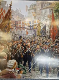 Smukt tryk af soldaterne der vender hjem i 1850