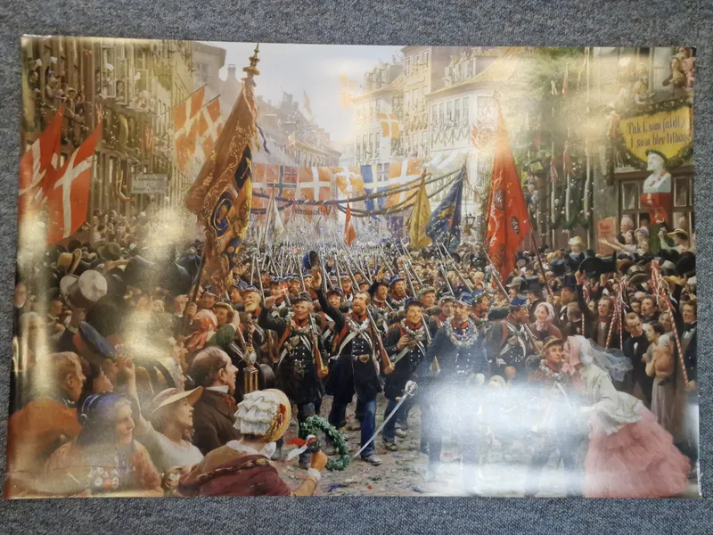 Smukt tryk af soldaterne der vender hjem i 1850