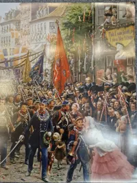 Smukt tryk af soldaterne der vender hjem i 1850