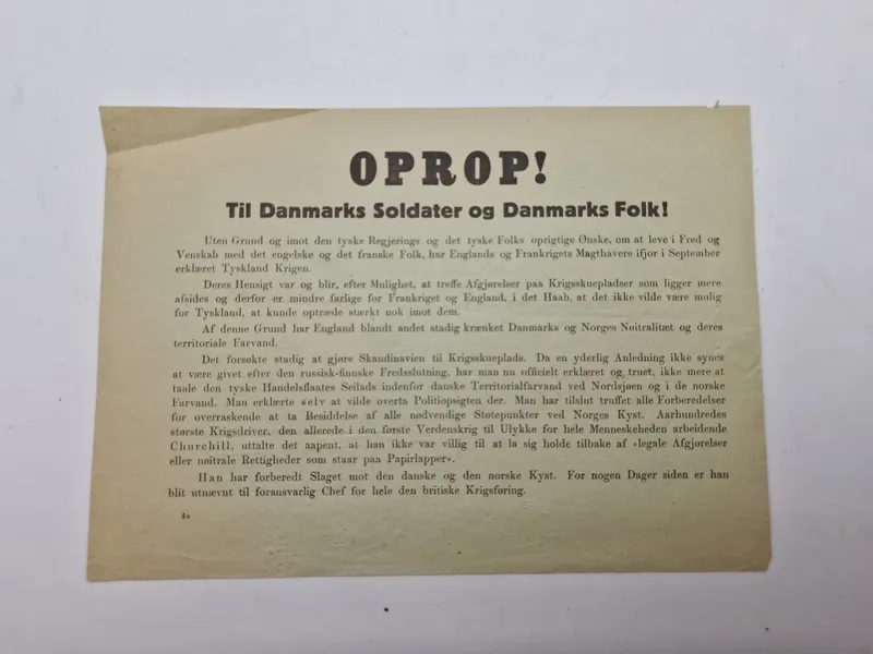Originalt eks. af Oprop - nedkastet over store danske byer 9 april 1940