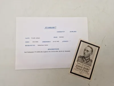 Originalt tysk “dødskort” fra ww2 med info (begravet i dk)