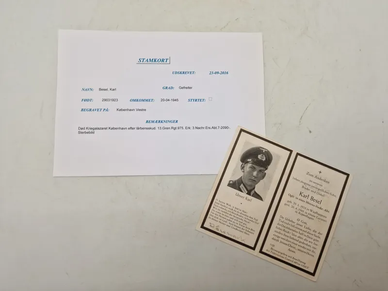 Originalt tysk “dødskort” fra ww2 med info (begravet i dk)