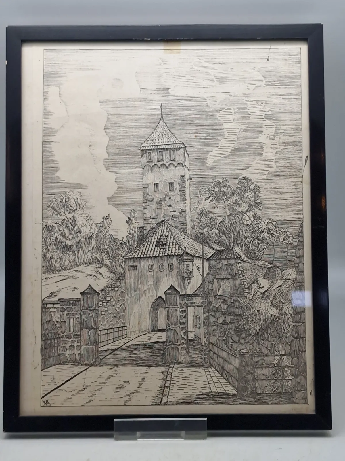 Sjælden original tegning /træsnit lavet af K.B Martinsen (chef for Frikorps Danmark) under hans fængselsophold