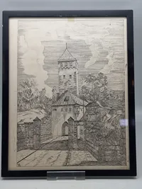 Sjælden original tegning /træsnit lavet af K.B Martinsen (chef for Frikorps Danmark) under hans fængselsophold