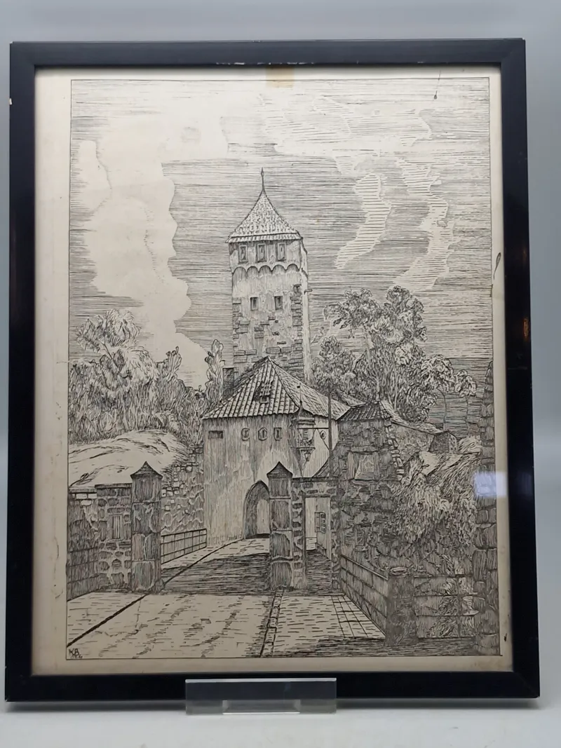 Sjælden original tegning /træsnit lavet af K.B Martinsen (chef for Frikorps Danmark) under hans fængselsophold