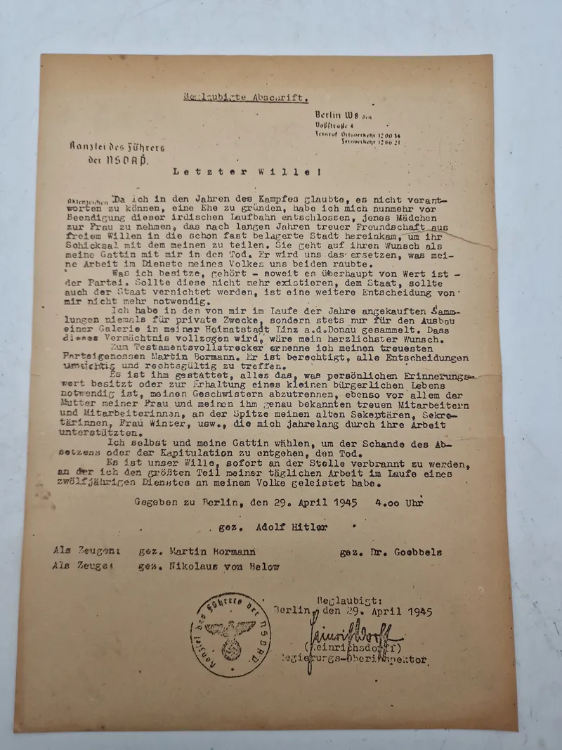 Originalt eks af Adolf Hitlers “Sidste vilje” som blev sendt rundt i alle byer efter hans død