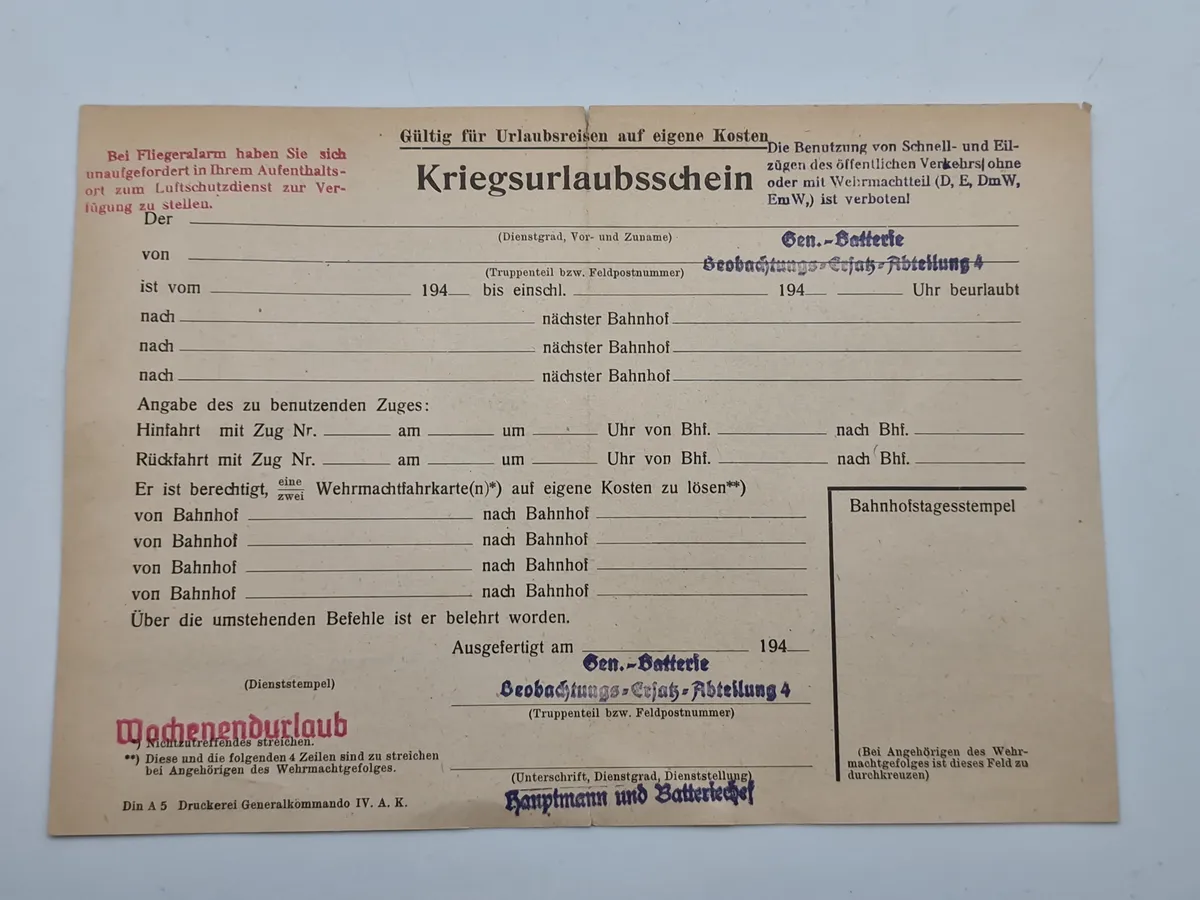 Originalt kriegsurlaubsschein - ww2