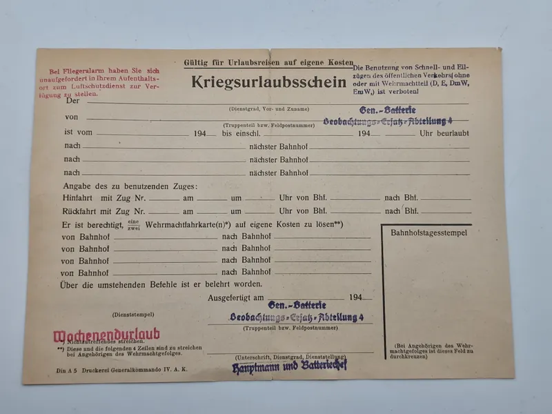 Originalt kriegsurlaubsschein - ww2