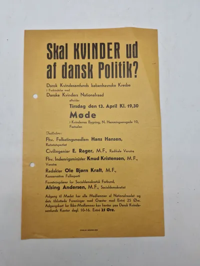 Original løbeseddel med overskriften “Skal kvinder ud af dansk politik?”