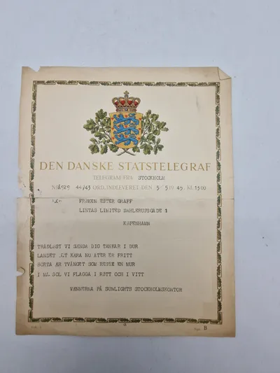 Originalt telegram sendt fra Stockholm med lykønskning om befrielsen 1945