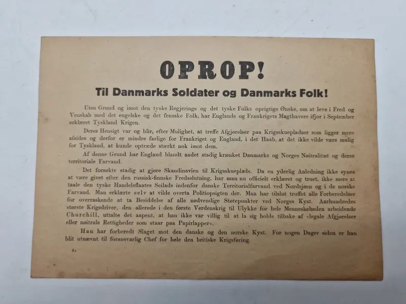 Originalt Oprop - nedkastet over Danmark 9 april 1940