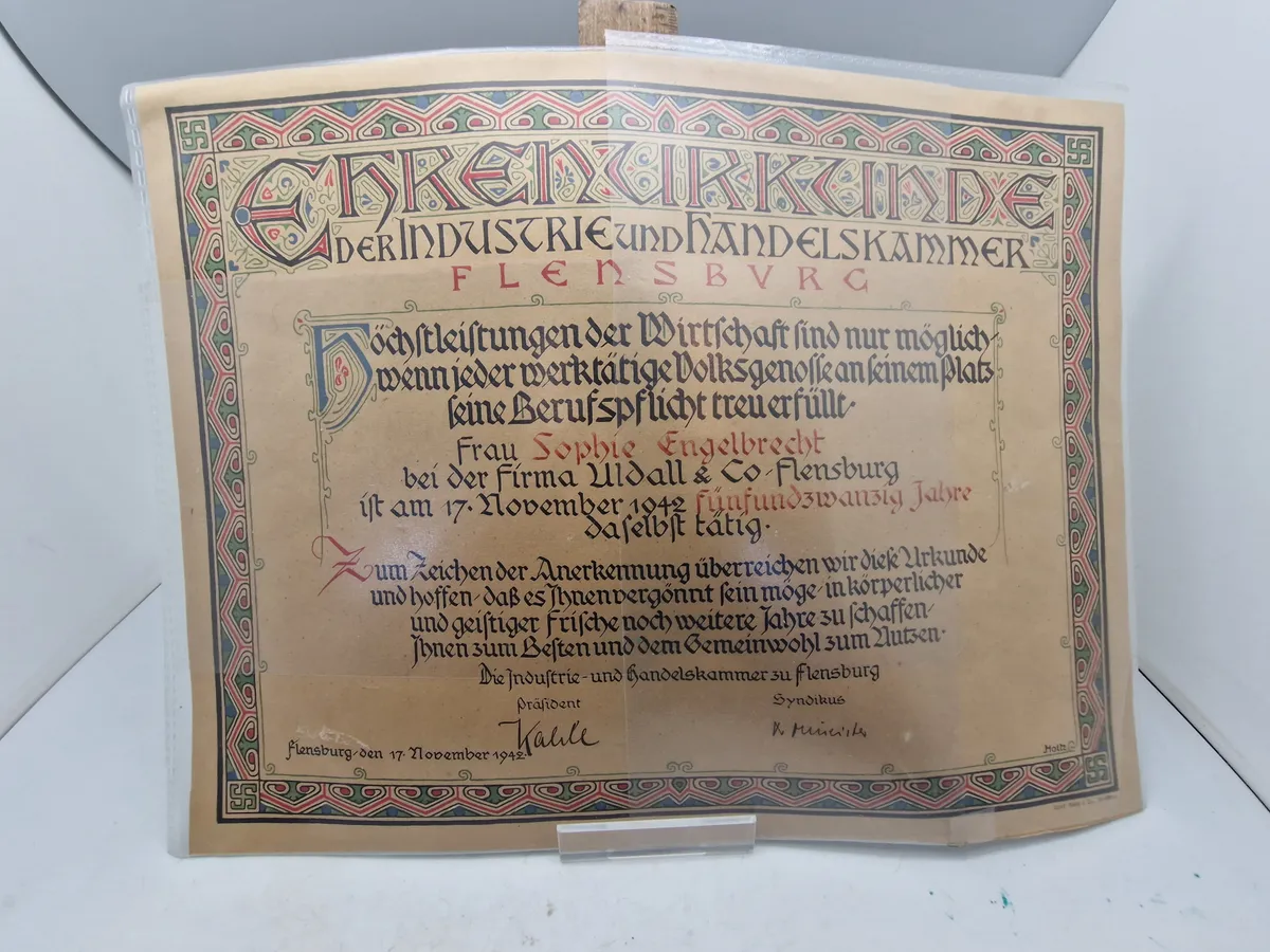 Originalt ww2 æresurkunde (Flensburg)