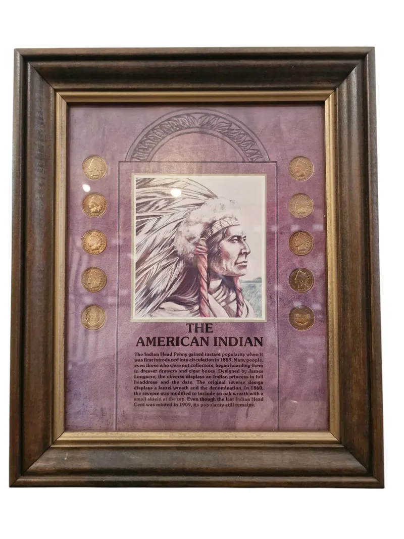 Tavle med historie og samling Indian Head penny’s