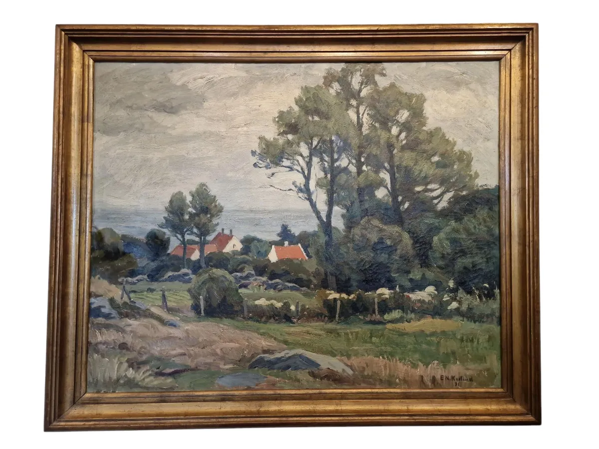 Einar Nielsen Korlind ( 1884-1975) olie på Lærred, parti fra Bornholm, skal hentes i Vordingborg eller leveres efter aftale