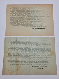 To stk originale Oprop! nedkastet over Danmark 9 april 1940. Bemærk det er de to forskellige udgaver
