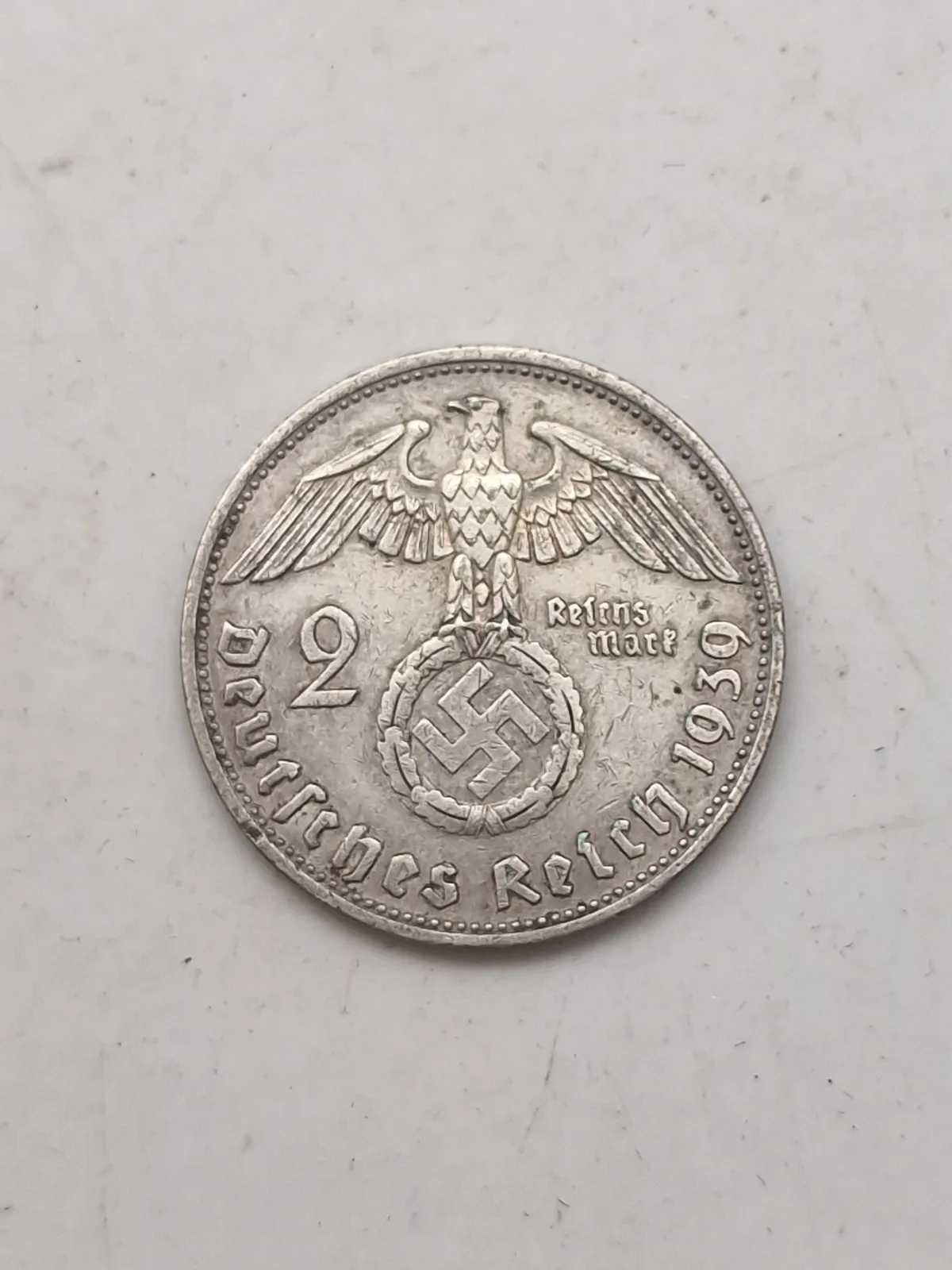 Sølvmønt tysk 2 mark 1939 med hagekors