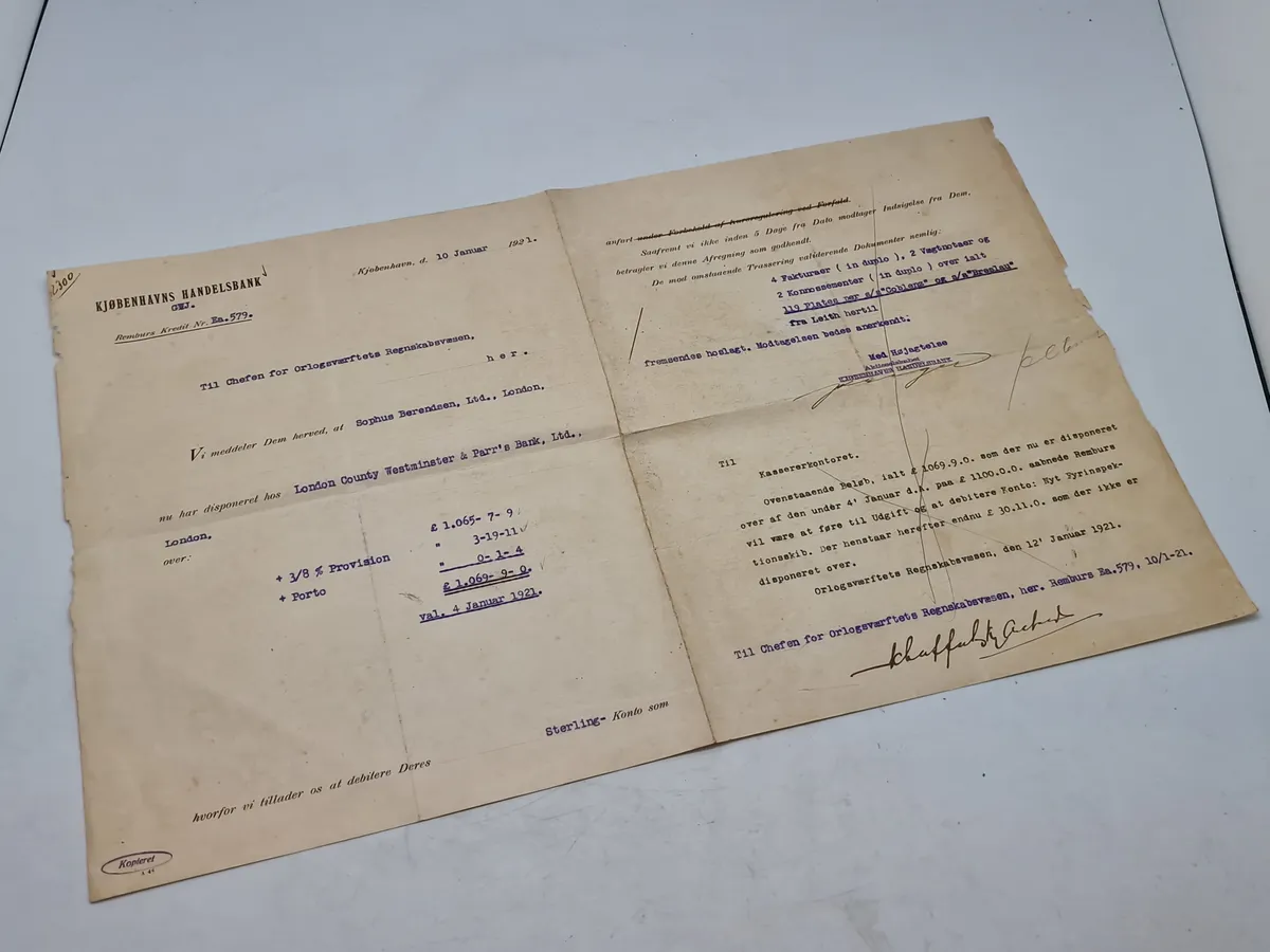 Original faktura sendt fra Handelsbanken til chefen for orlogsværftet i 1921