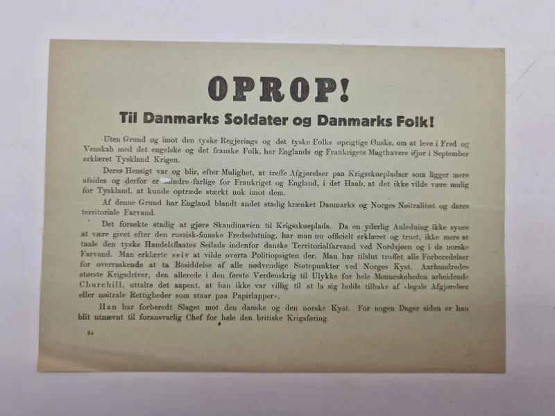 Originalt Oprop - Nedkastet over bl.a. Danmark 9 april 1940
