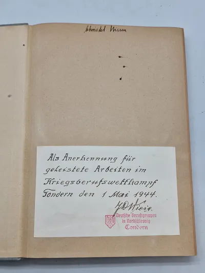 Original Tysk Marinebog givet i gave Tønder 1944 DBN Deutsche Berufsgruppen in Nordschlesweig