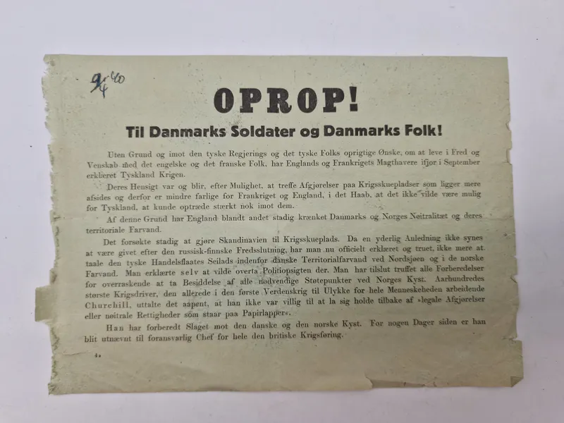 Originalt Oprob - nedkastet over danske byer 9 april 1940