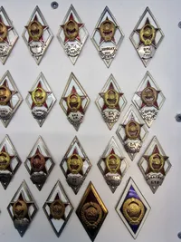 Samling originale USSR badges opsat i ramme