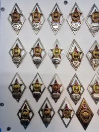 Samling originale USSR badges opsat i ramme
