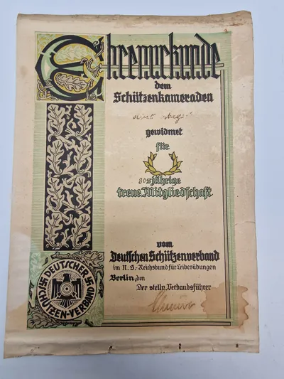 Originalt urkunde fra Deutscher Schützen verband