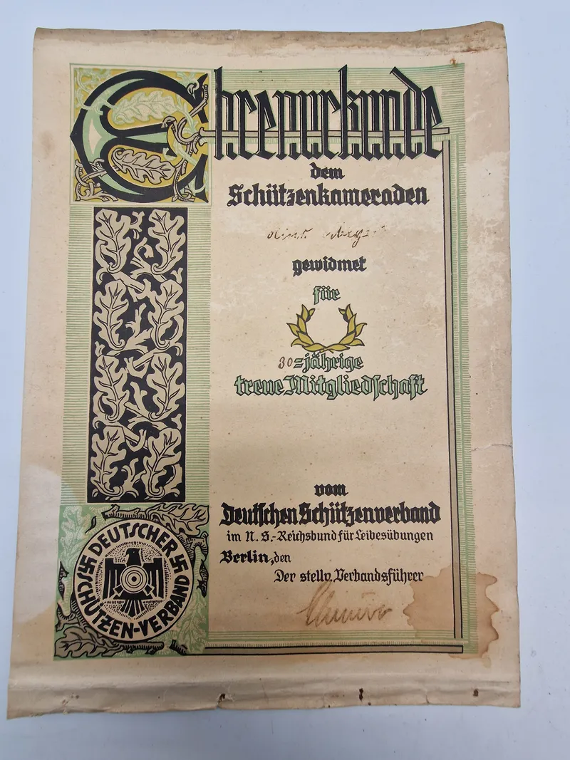 Originalt urkunde fra Deutscher Schützen verband