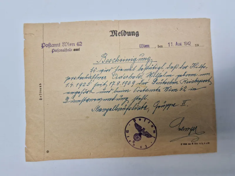 Original tysk “Meldung” fra 1942