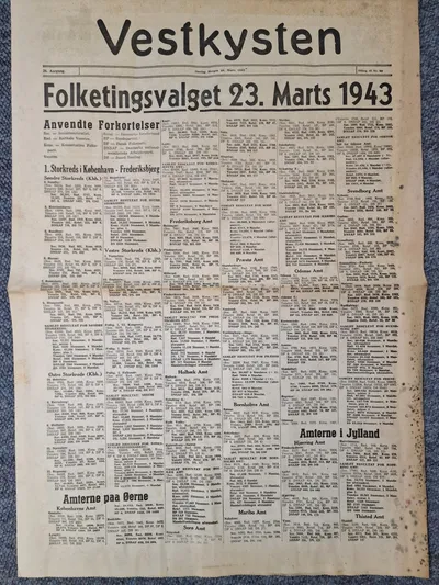 Sjælden Original avis over valgte i 1943 DNSAP  mm, sjælden