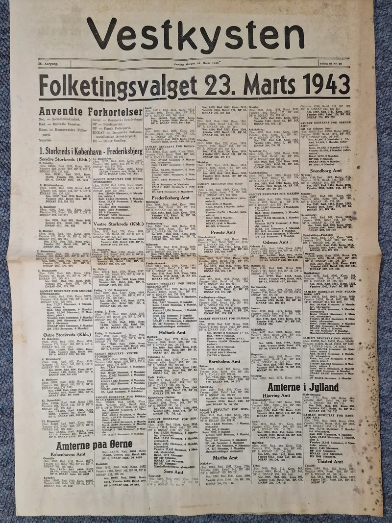 Sjælden Original avis over valgte i 1943 DNSAP  mm, sjælden