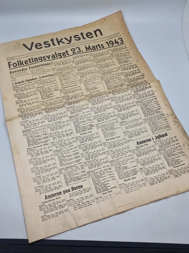 Originalt eks. af avisen Vestkysten 1943 valget DNSAP