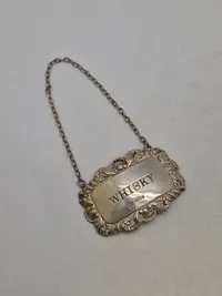 Originalt engelsk whiskey decanter label sterlingsølv Alan M Weisrose  London 1977