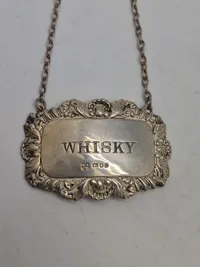 Originalt engelsk whiskey decanter label sterlingsølv Alan M Weisrose  London 1977