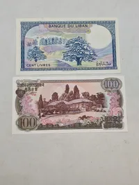 Originale pengesedler fra Nordkore og Libanon - sjældent set til salg, da disse ikke må forlade Nordkorea