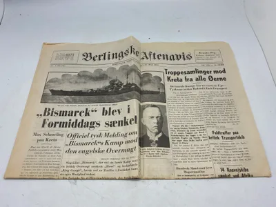 Original dansk ww2 avis - Bismarck sænket!