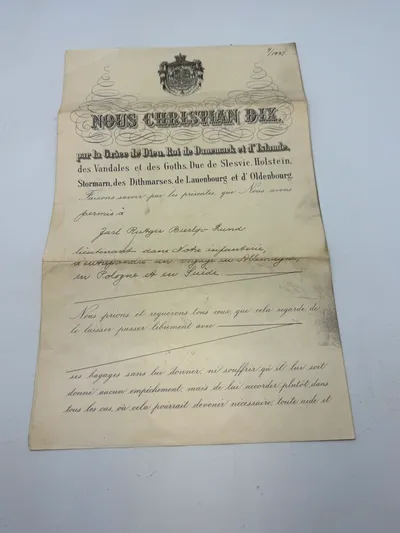 Original rejsetilladelse for Dansk Garderofficer, underskrevet af krigsminister Alsing Emanuel Andersen (5. februar 1893 i København - 5. december 1962 smst)