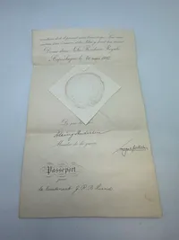 Original rejsetilladelse for Dansk Garderofficer, underskrevet af krigsminister Alsing Emanuel Andersen (5. februar 1893 i København - 5. december 1962 smst)