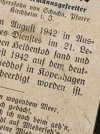 Originalt Dødskort for Tysker begravet i Danmark