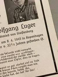 Originalt Dødskort for Tysker begravet i Danmark