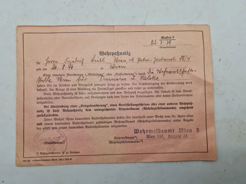 Original tysk wehrpasnotitz - ww2