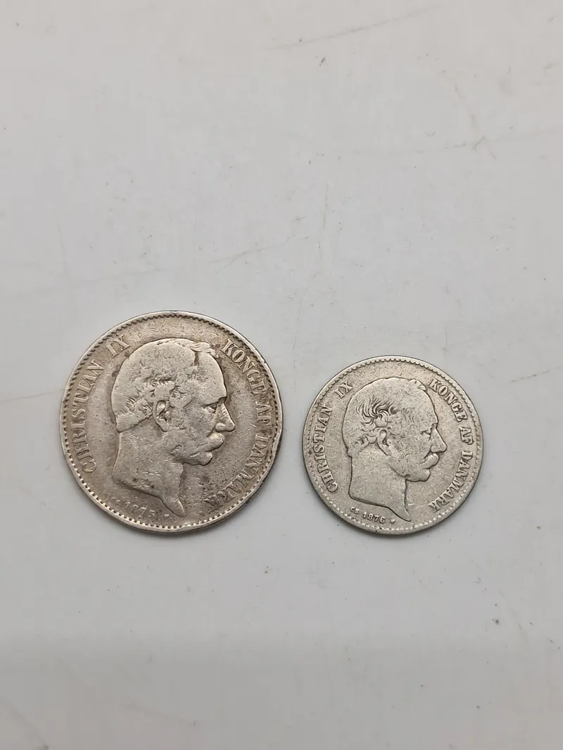 Originale sølv 2 og 1 kr Christian 9