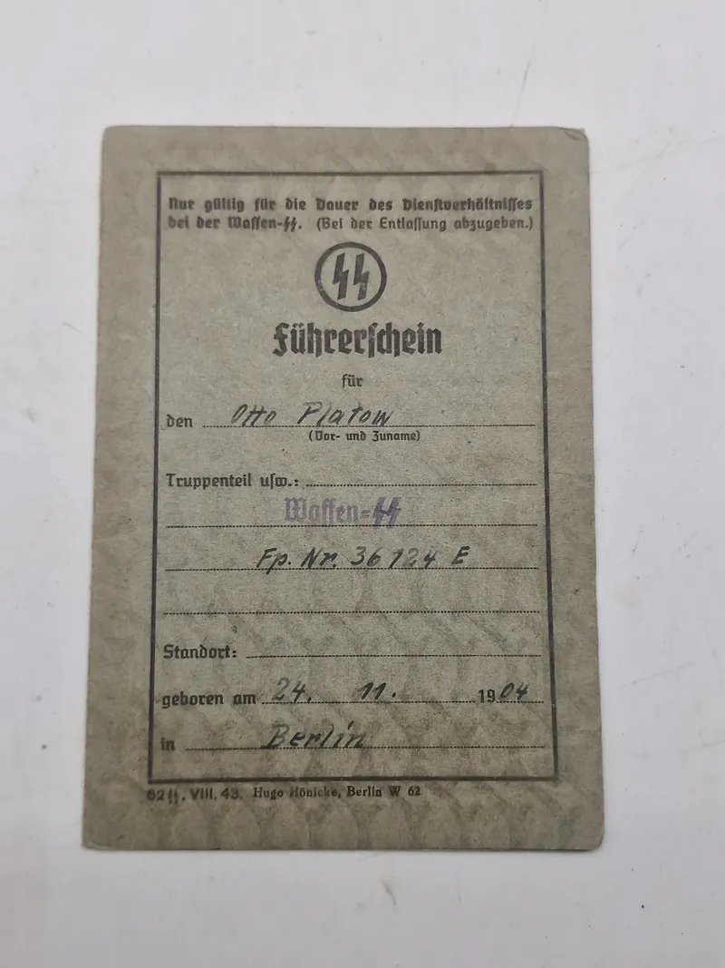 Originalt Waffen SS Driving License (Führerschein)