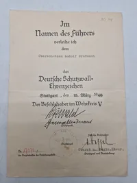 Originalt Tysk urkunde Schutzwall ehrenzeichen underskrevet af General der Infanterie Erwin Oßwald